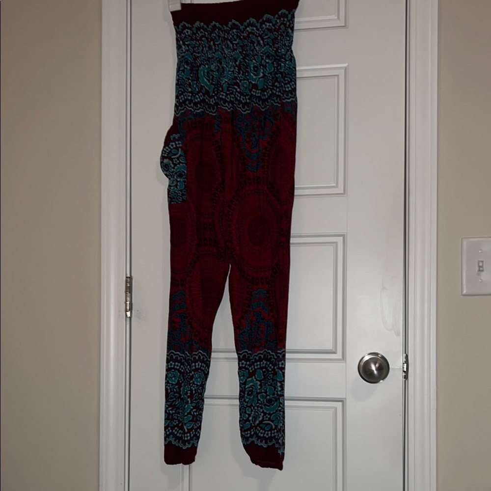Red and Blue Jumpsuit with Geometric Pattern